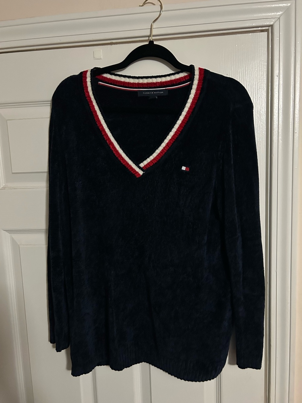 Tommy Hilfiger Navy V-Neck Sweater with Red & White Trim Accent